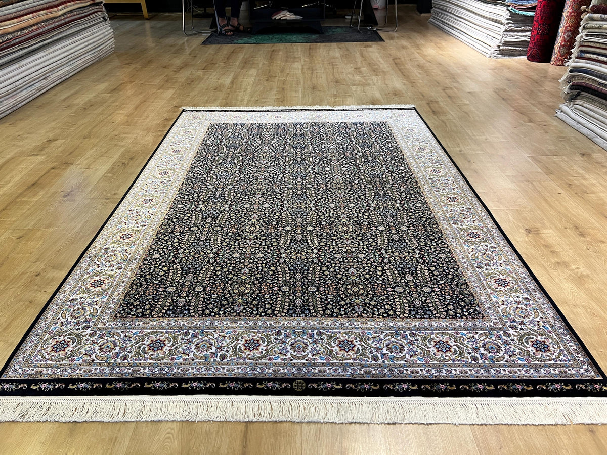 5x8 ft Black Floral Modal Silk Rug, Turkish Style Home Decor