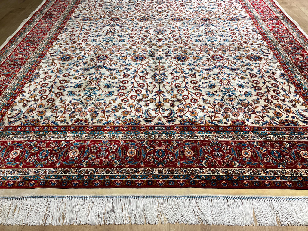 Floral Design Ivory Silk Carpet, Red Border Silk Rug, Home Decor