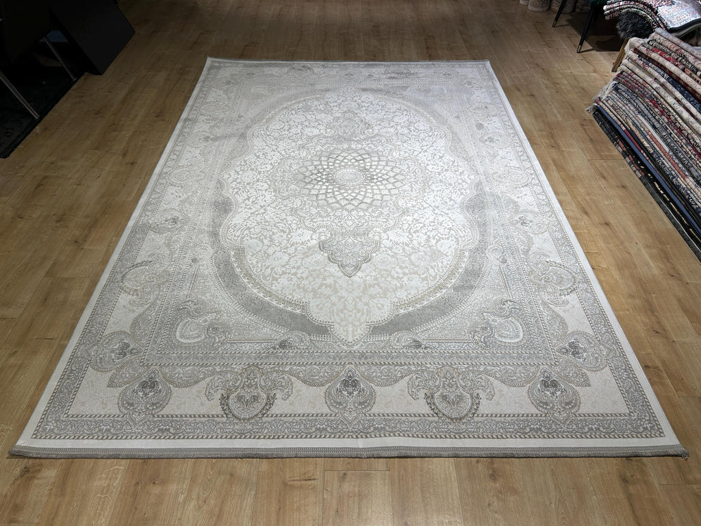 Gray Ivory Bamboo Rug, Classic Medallion Design Bamboo Carpet, Turkish Style Home Decor