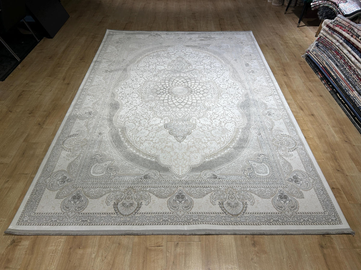 Gray Ivory Bamboo Rug, Classic Medallion Design Bamboo Carpet, Turkish Style Home Decor