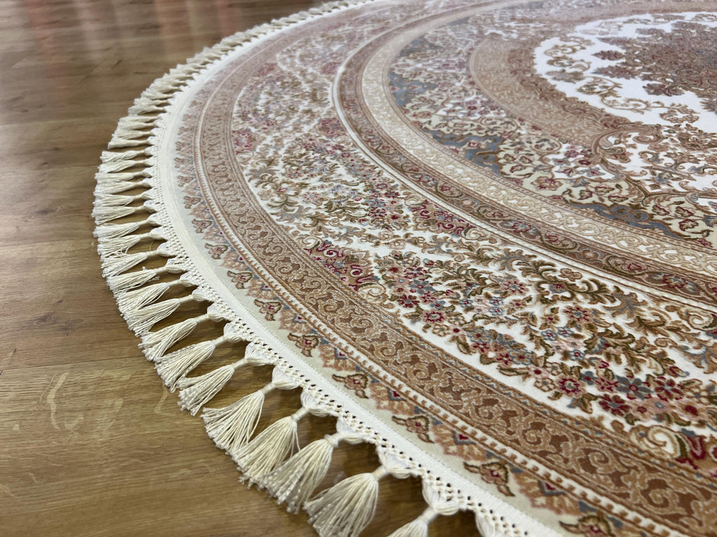 Round Cream Gold Silk Rug, Medallion Design, Classic Turkish Style