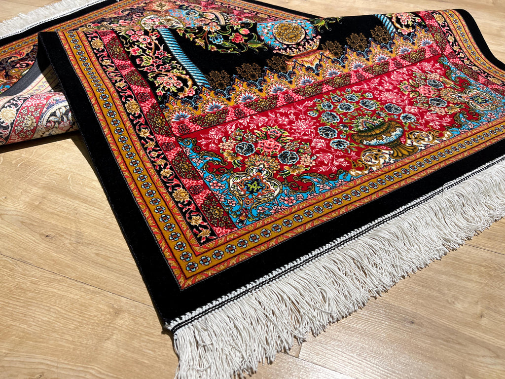 Black Small Silk Rug, Vase Pattern Wall Decor Mat, Floral Tapestry