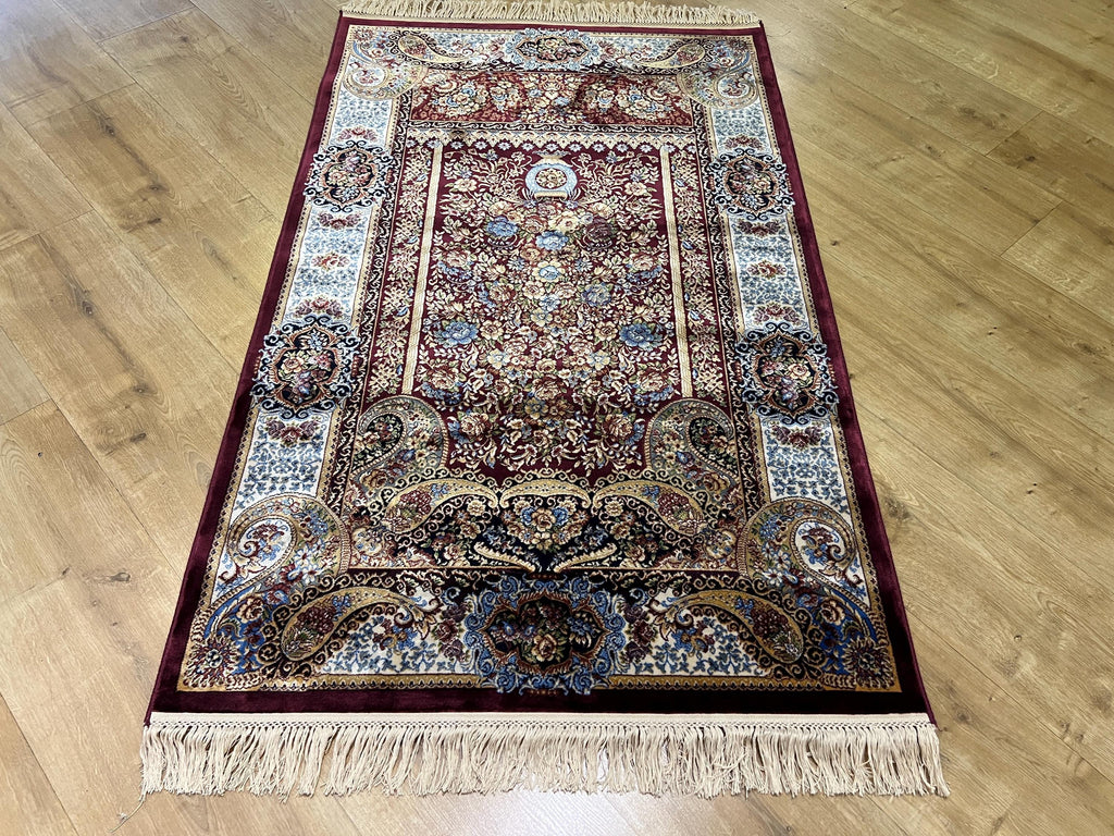 Red Modal Silk Prayer Rug, Muslim Janamaz Mat (2.62X4.10)