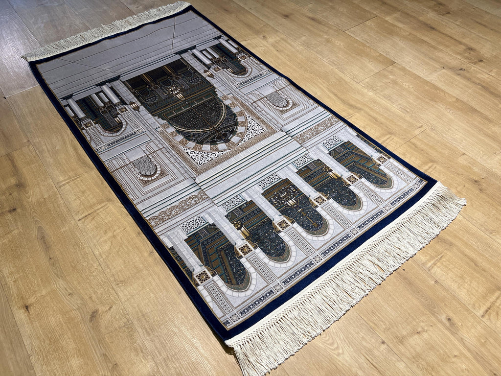 Gray Mosque Design Silk Prayer Rug with Blue Border
