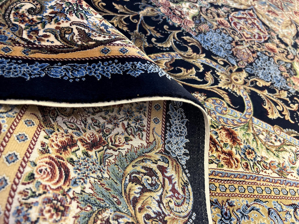 5x8 ft Black Blue Silk Carpet, Luxury Turkish Home Decor, Medallion Silk Rug