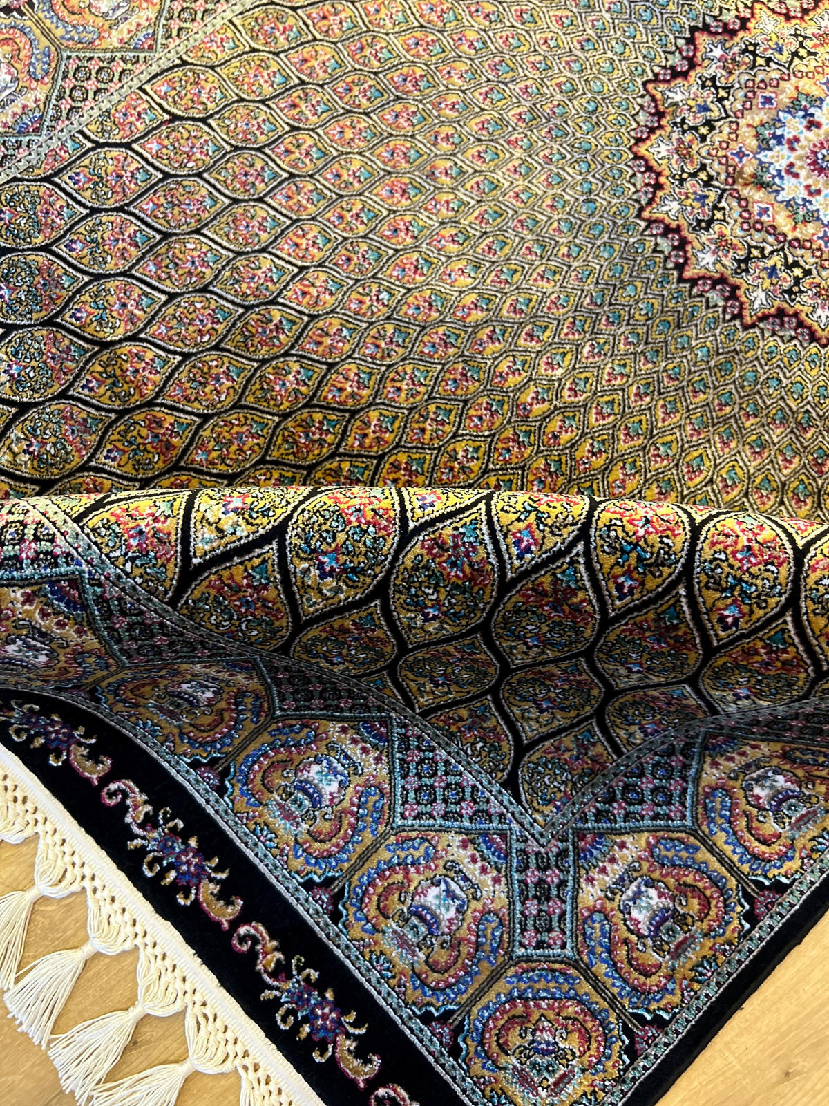 Black Gold Silk Turkish Rug, Small Gift Carpet, Home Decor