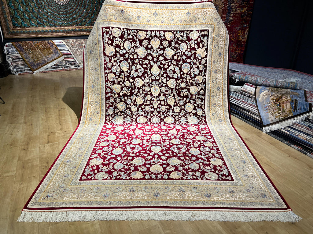 7x10ft Red Floral Silk Rug, Traditional Bordered Rug, Luxury Home Decor