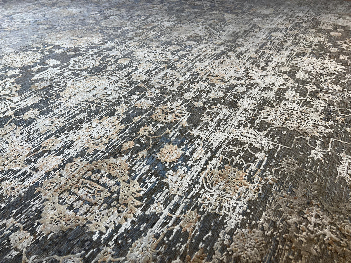Brown Gray Bamboo Rug with Antique Distressed Floral Pattern