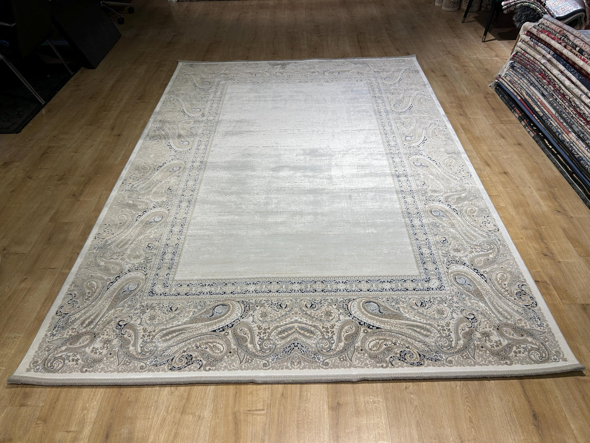 Cream Background Bamboo Rug with Beige Gray Navy Blue Border Design, Classic Home Decor