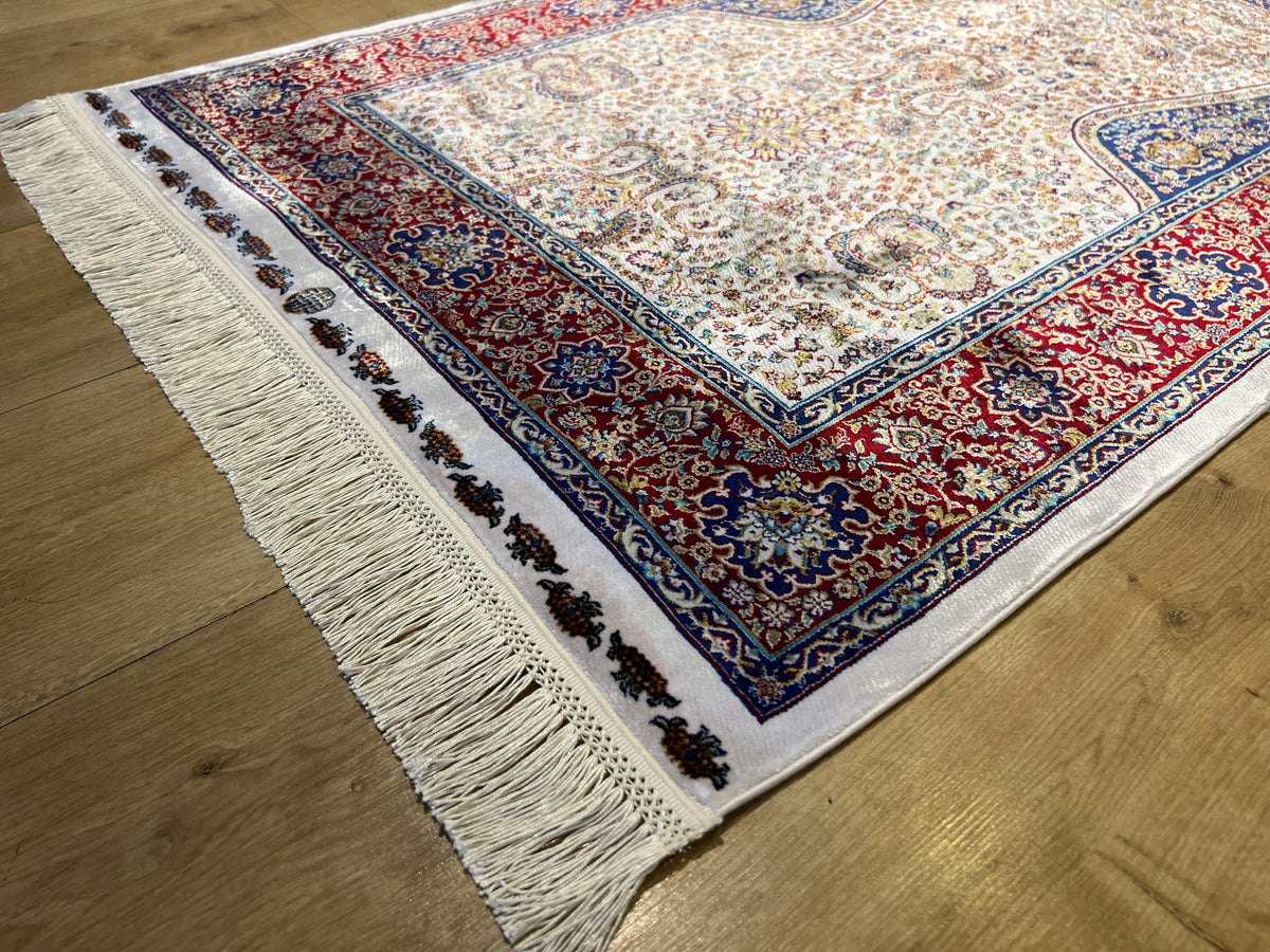 Silk Prayer Rug, Red Blue Muslim Gift Mat, Janamaz Rug 2.62x4.10 ft