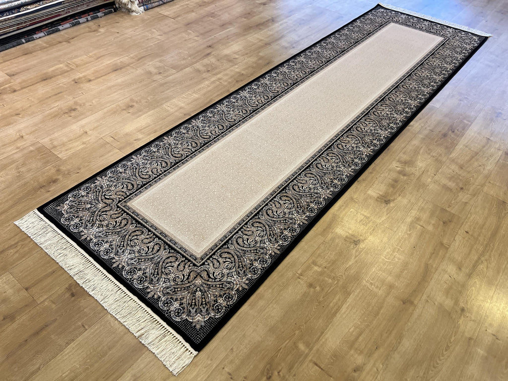 Black and Cream Silk Runner Rug, 3x10 ft, Classic Luxury Hallway Rug