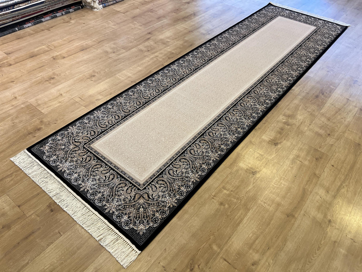 Black and Cream Silk Runner Rug, 3x10 ft, Classic Luxury Hallway Rug