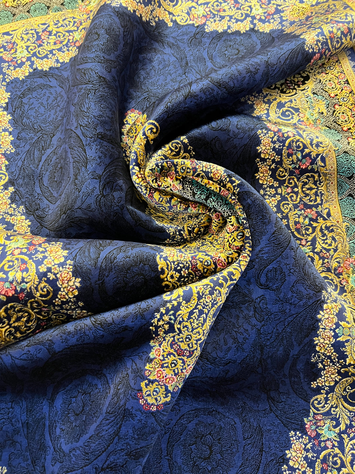 Navy Blue Silk Rug with Gold Floral Patterns, 4x6 ft, Classic Medallion Area Rug