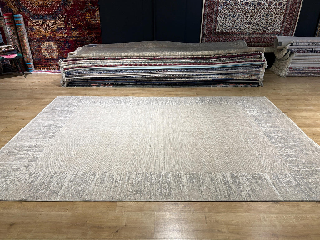 Beige Gray Bamboo Rug with Bordered Modern Patterns