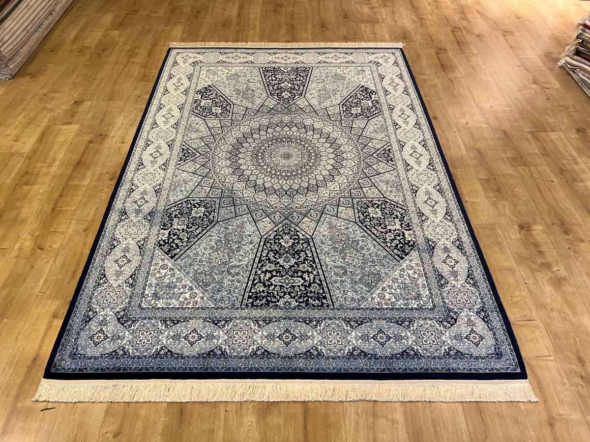 5x8 Silk Rug, Navy Blue White Medallion, Classic Turkish Style, Luxury Carpet