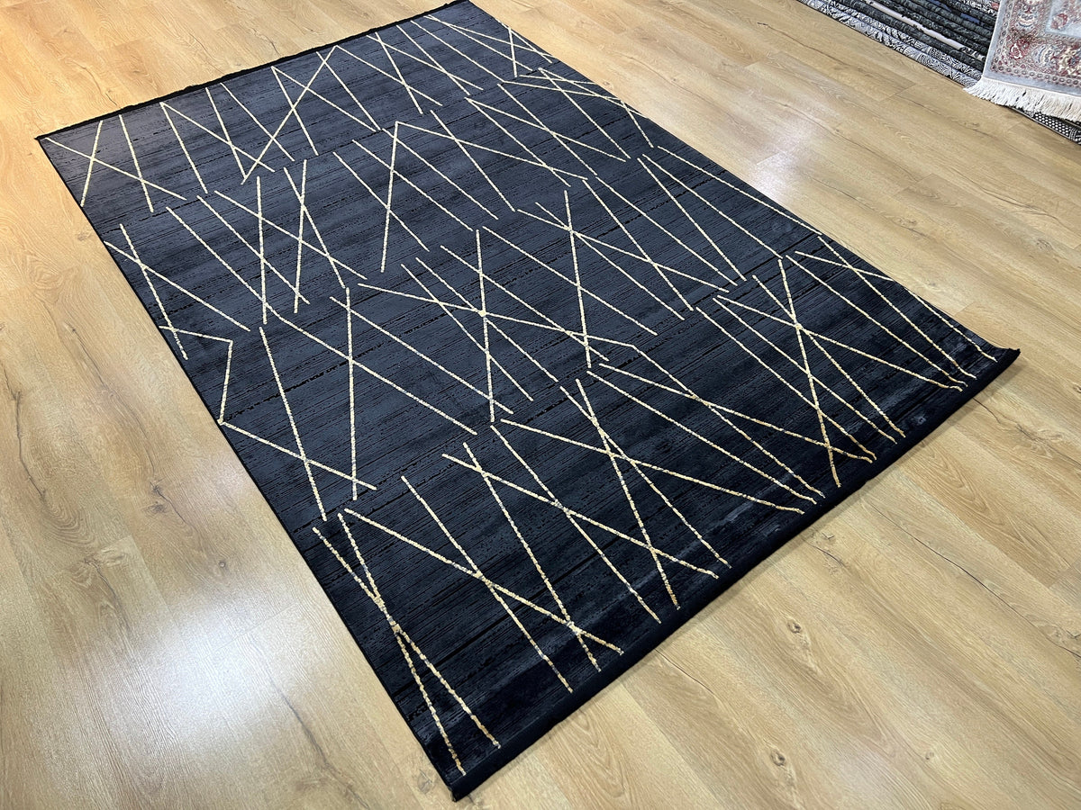 Modern Turkish Black Rug, Bamboo Acrylic, 5x8 ft