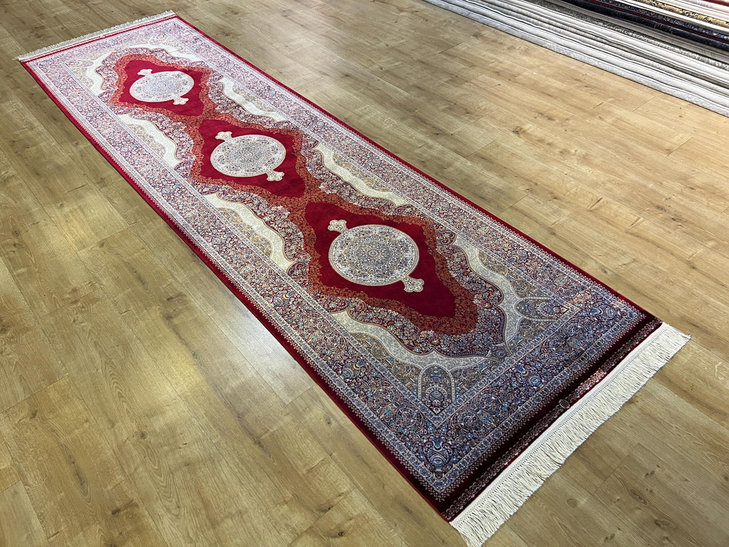 Red Medallion Silk Turkish Rug, Floral Pattern 3x10 ft Runner
