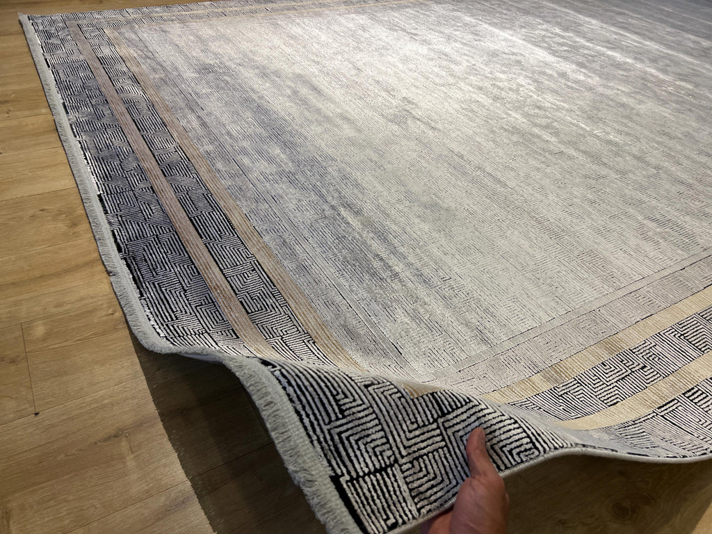 8x11 ft Gray Modern Bamboo Rug with Gold Border Design