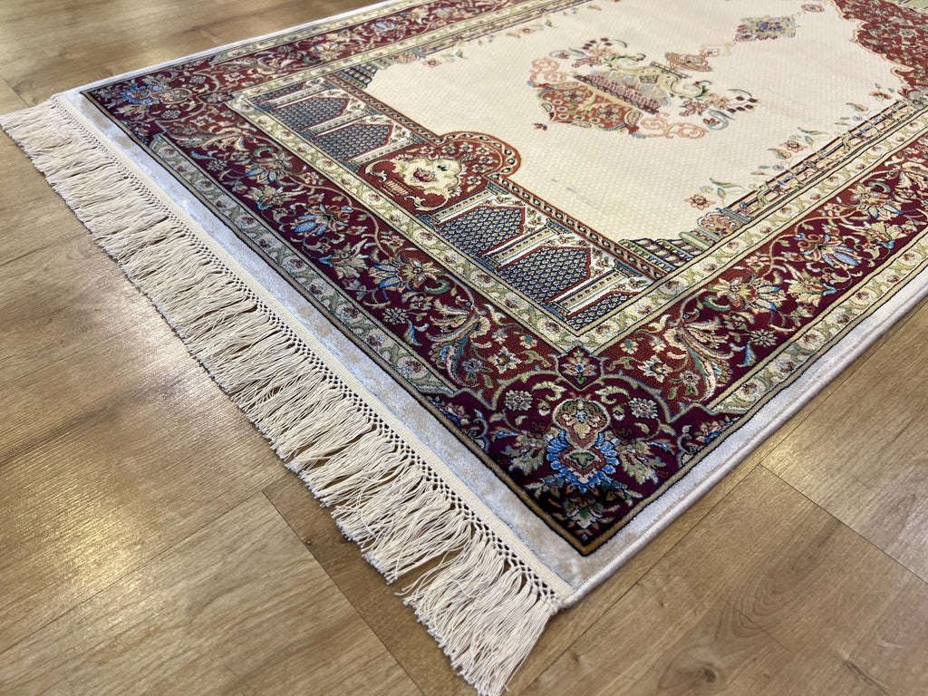 Silk Prayer Rug, Red Cream Muslim Gift Mat, Janamaz Rug 2.62x4.10 ft