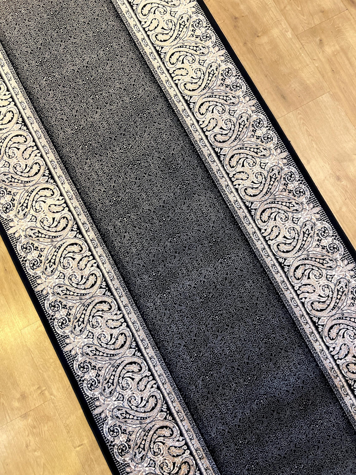 Black Silk Runner Rug with Framed Border, 3x10 ft, Classic Luxury Hallway Rug