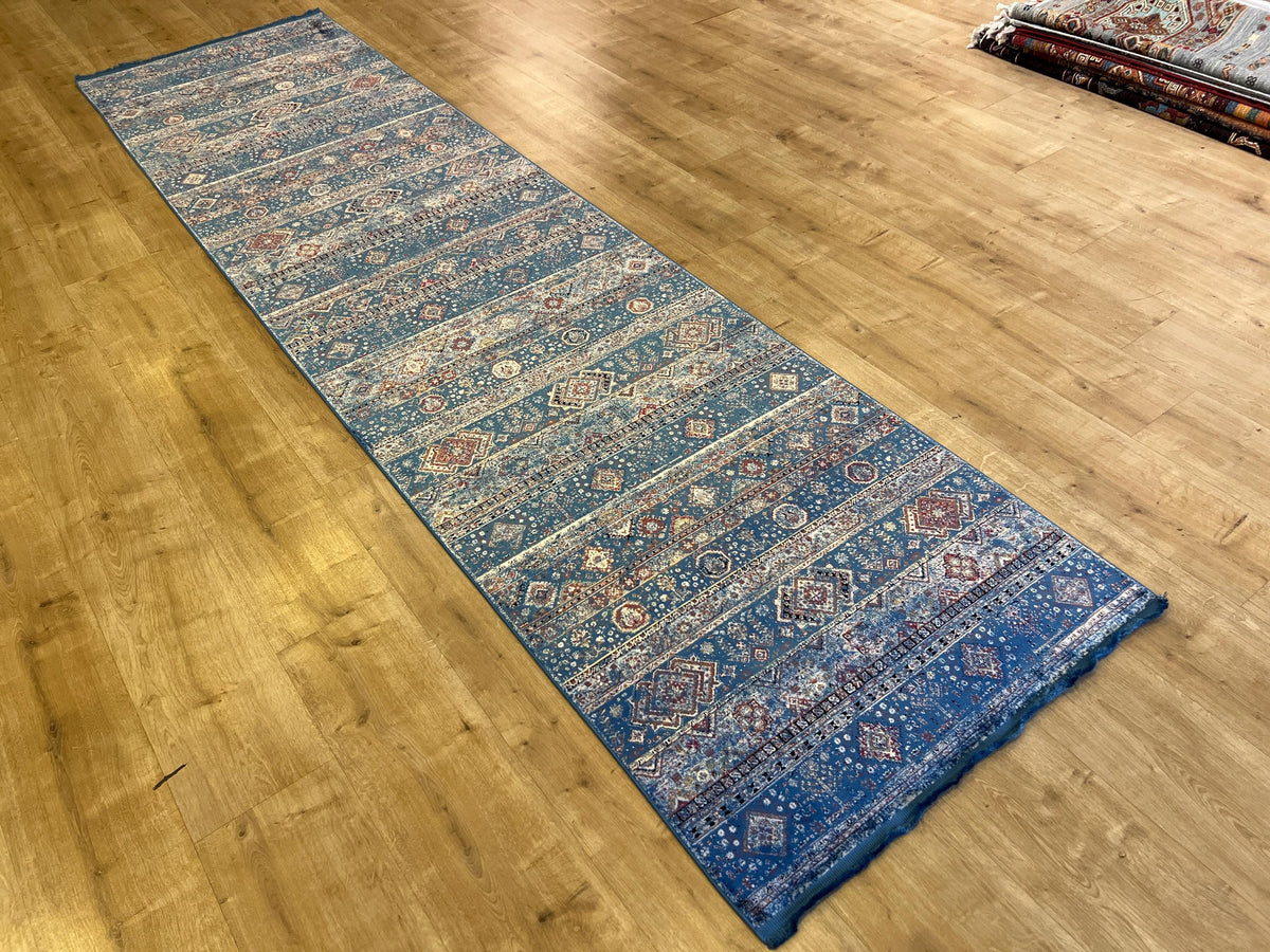 Blue Ethnic Pattern Bamboo Runner Rug, 3x10 ft, Modern Hallway Rug
