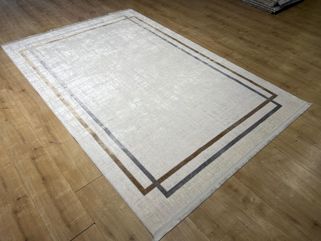 5x8 Ft Cream Bamboo Rug with Gray Gold Border, Modern Style