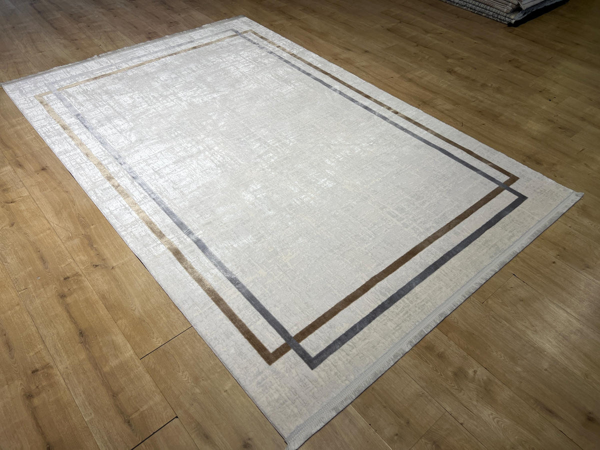 5x8 Ft Cream Bamboo Rug with Gray Gold Border, Modern Style