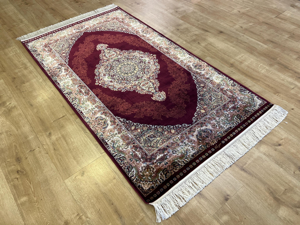Red Silk Rug with Gold and Green Medallion, 3x5 ft, Classic Small Rug