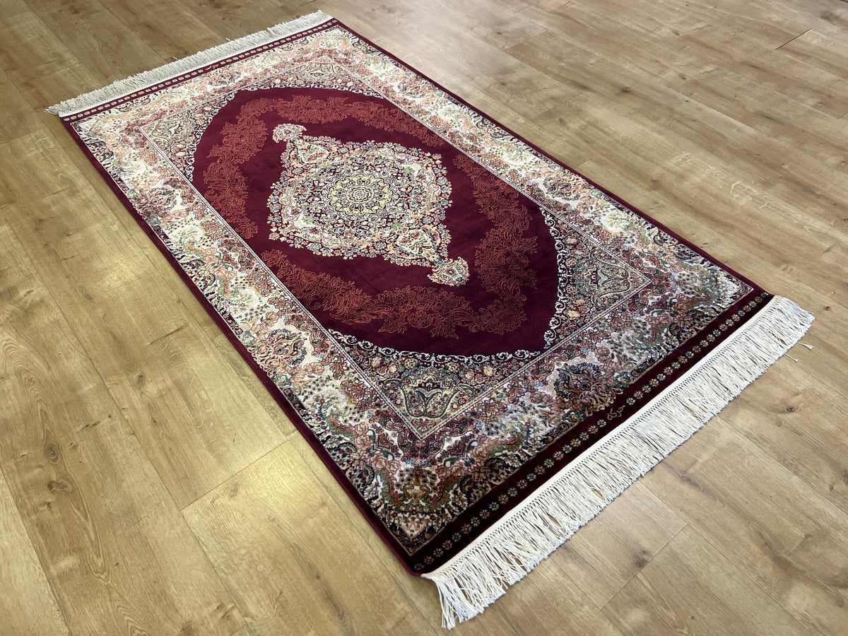 Red Silk Rug with Gold and Green Medallion, 3x5 ft, Classic Small Rug