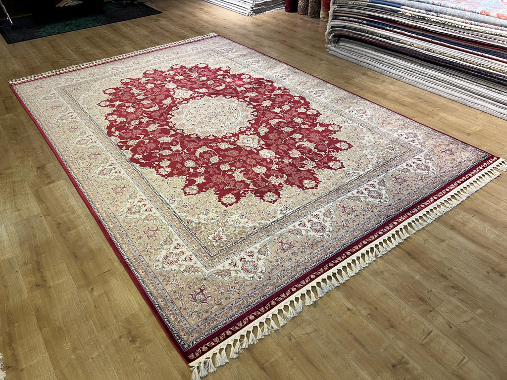 8x11 ft Classic Silk Carpet, Red Base Gold Medallion, Turkish Style Oversize Rug