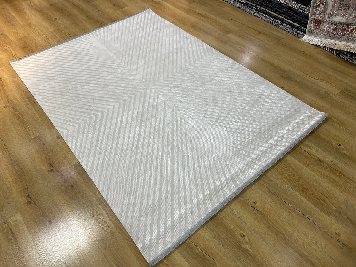 Cream Gray Bamboo Acrylic Rug, Turkish Modern Design, 5x8 ft