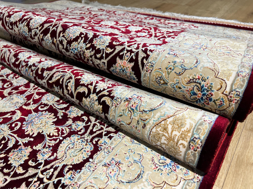 3x13 ft Red Silk Runner Rug, Blue Medallion, Classic Luxury Hallway Rug