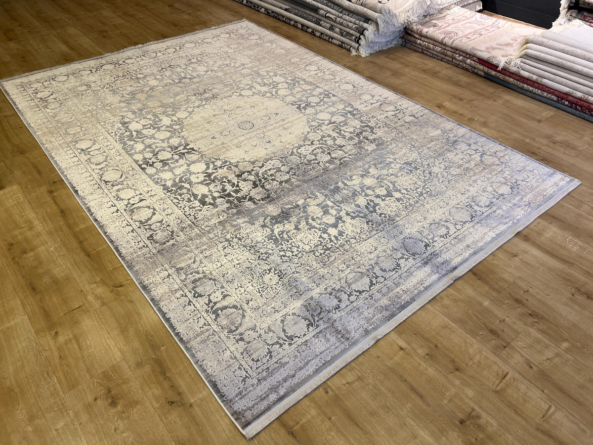 7x10 Gray Bamboo Acrylic Rug, Modern Medallion Pattern, Luxury Living Room Carpet