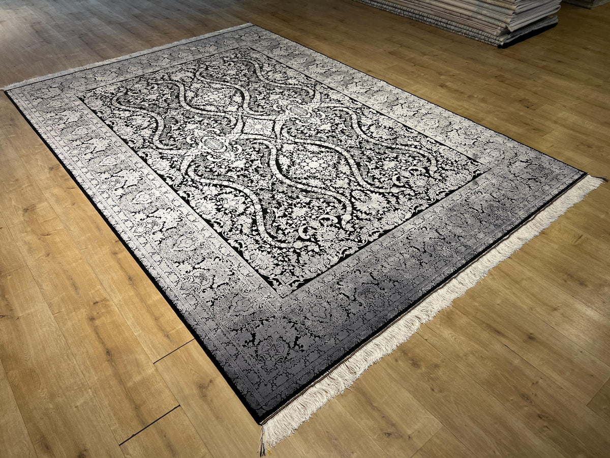 7x10 ft Black and Silver Turkish Style Rug, Traditional Area Rug, Living Room Carpet
