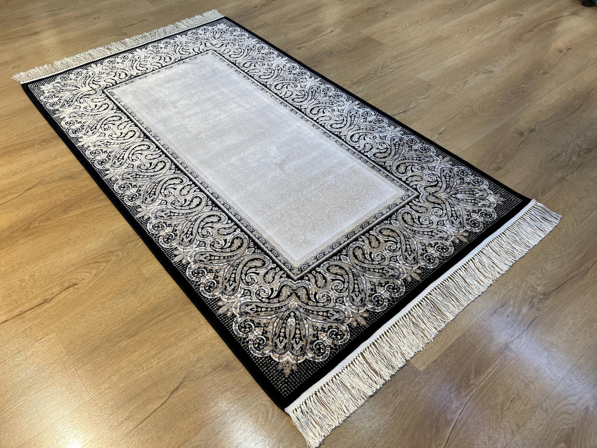 Cream Silk Rug with Black Border, 3x5 ft, Classic Luxury Small Rug