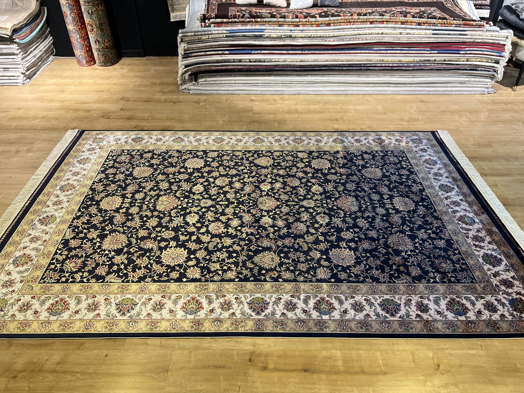 7x10 ft Navy Blue Silk Rug, Traditional Floral Carpet