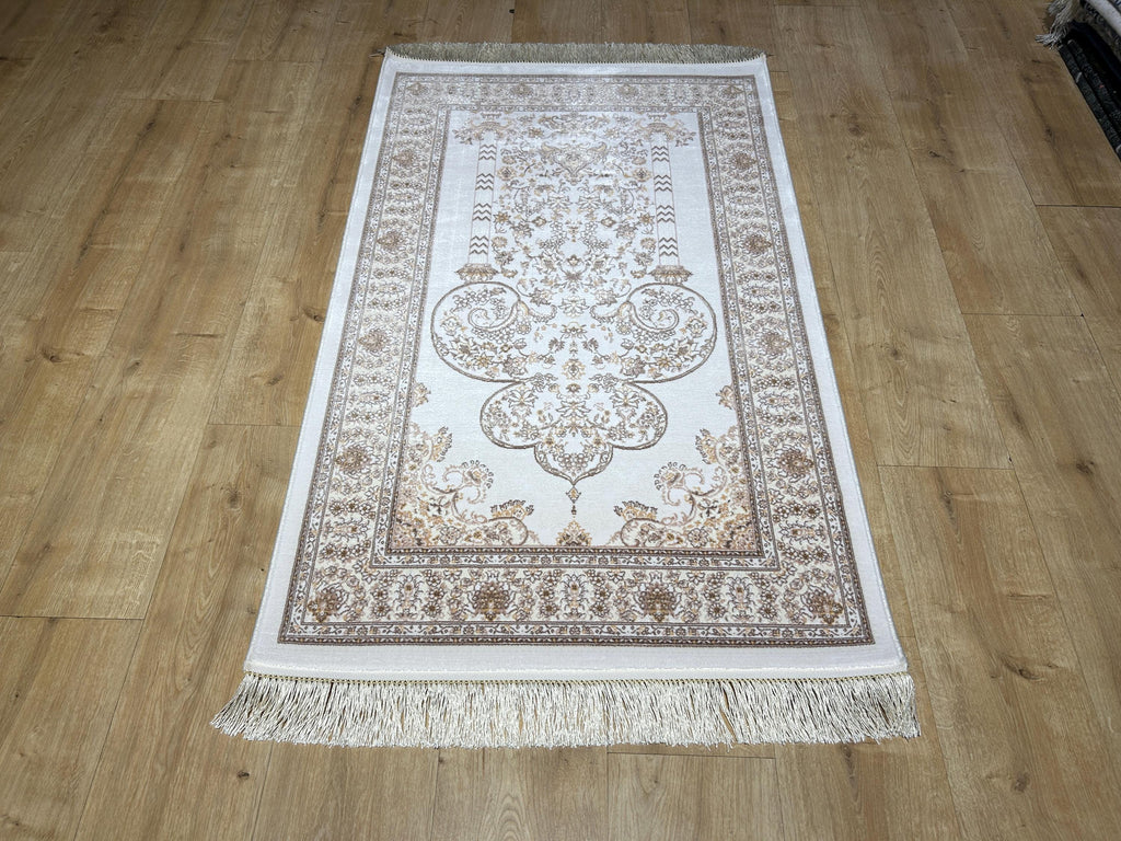 2.55x4.10 Ft Ivory Brown Silk Prayer Rug, Muslim Gift Prayer Mat