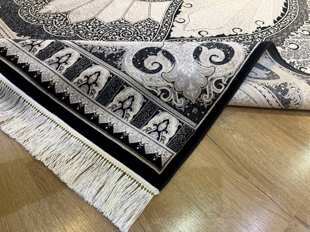 Black Silk Area Rug with Elegant Classic Motifs, Oversize Rug