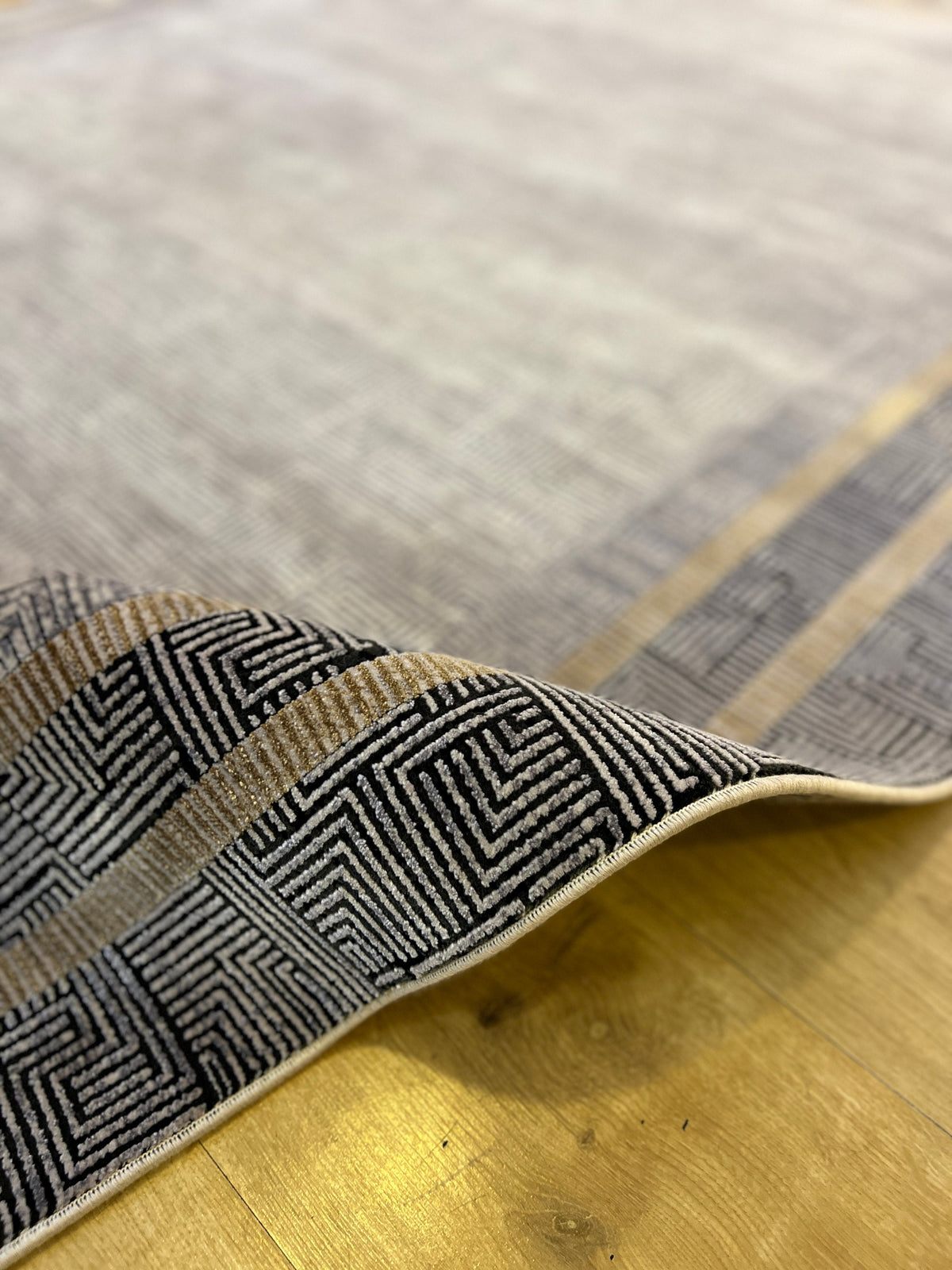 Geometric Pattern Bamboo Rug, Dark Gray, Turkish Carpet