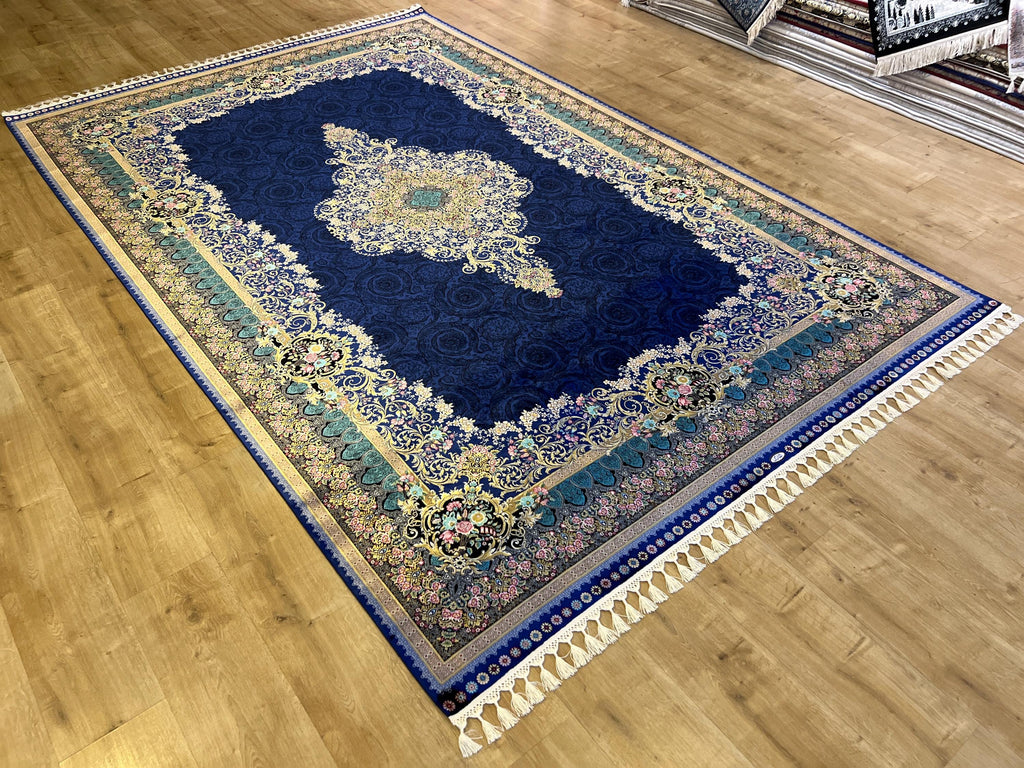 7x10 ft Navy Blue Silk Rug with Floral Medallion, Classic Turkish Style