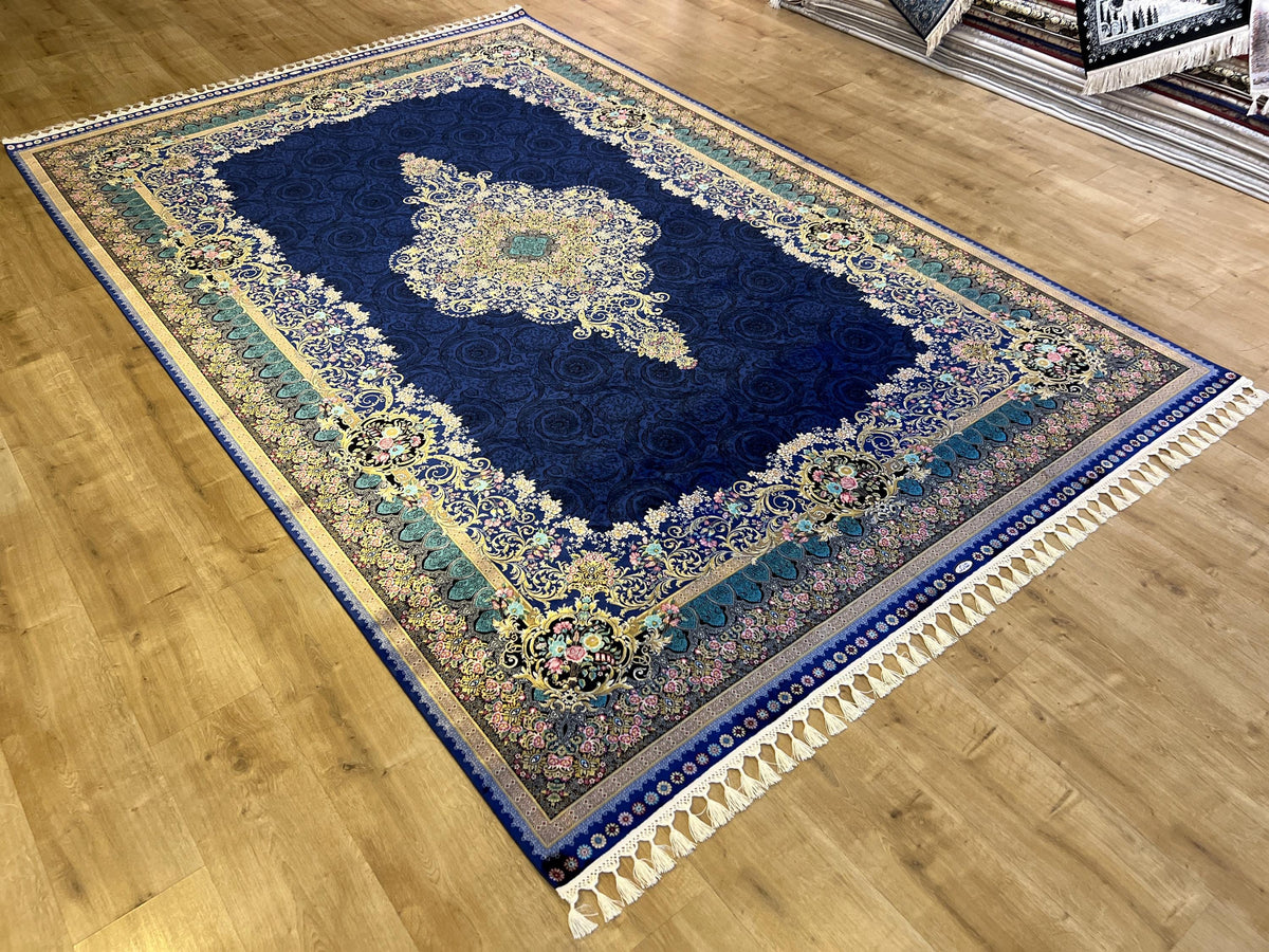 7x10 ft Navy Blue Silk Rug with Floral Medallion, Classic Turkish Style