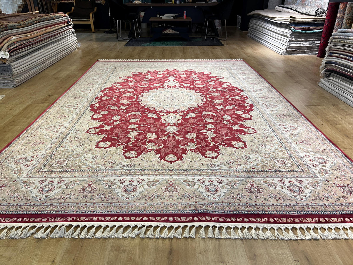 8x11 ft Classic Silk Carpet, Red Base Gold Medallion, Turkish Style Oversize Rug