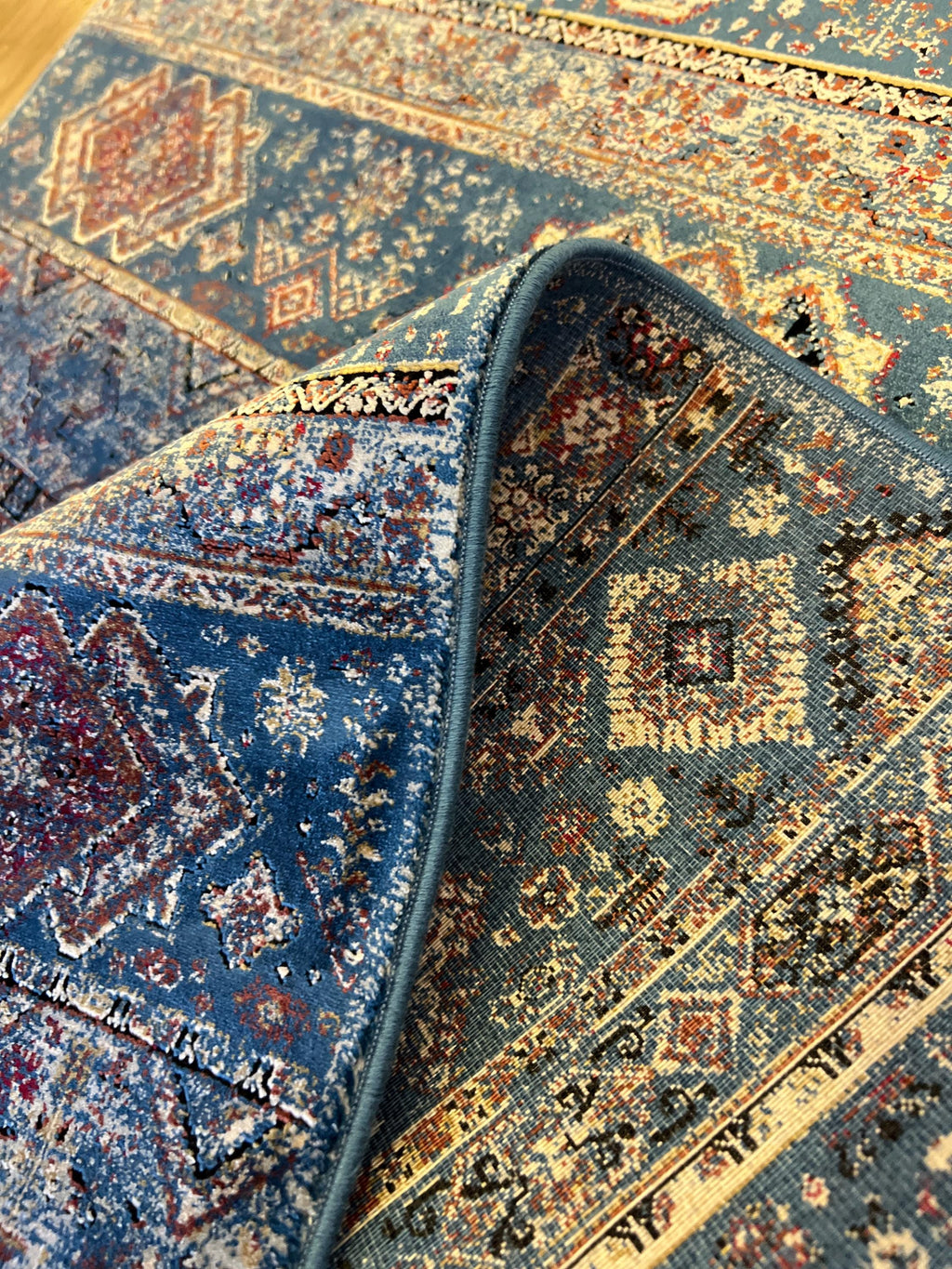 Blue Ethnic Pattern Bamboo Runner Rug, 3x10 ft, Modern Hallway Rug
