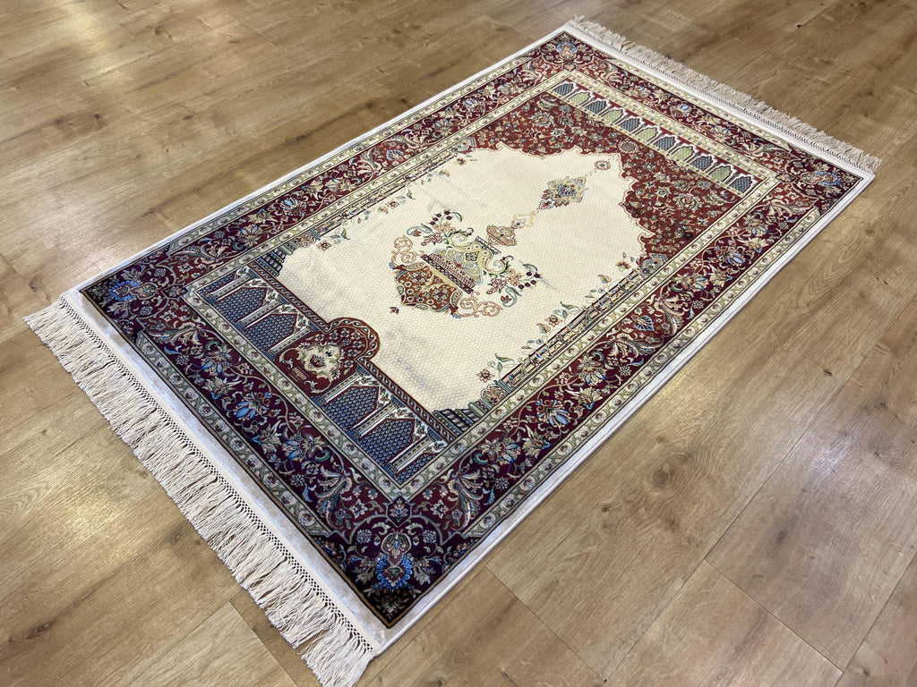 Silk Prayer Rug, Red Cream Muslim Gift Mat, Janamaz Rug 2.62x4.10 ft
