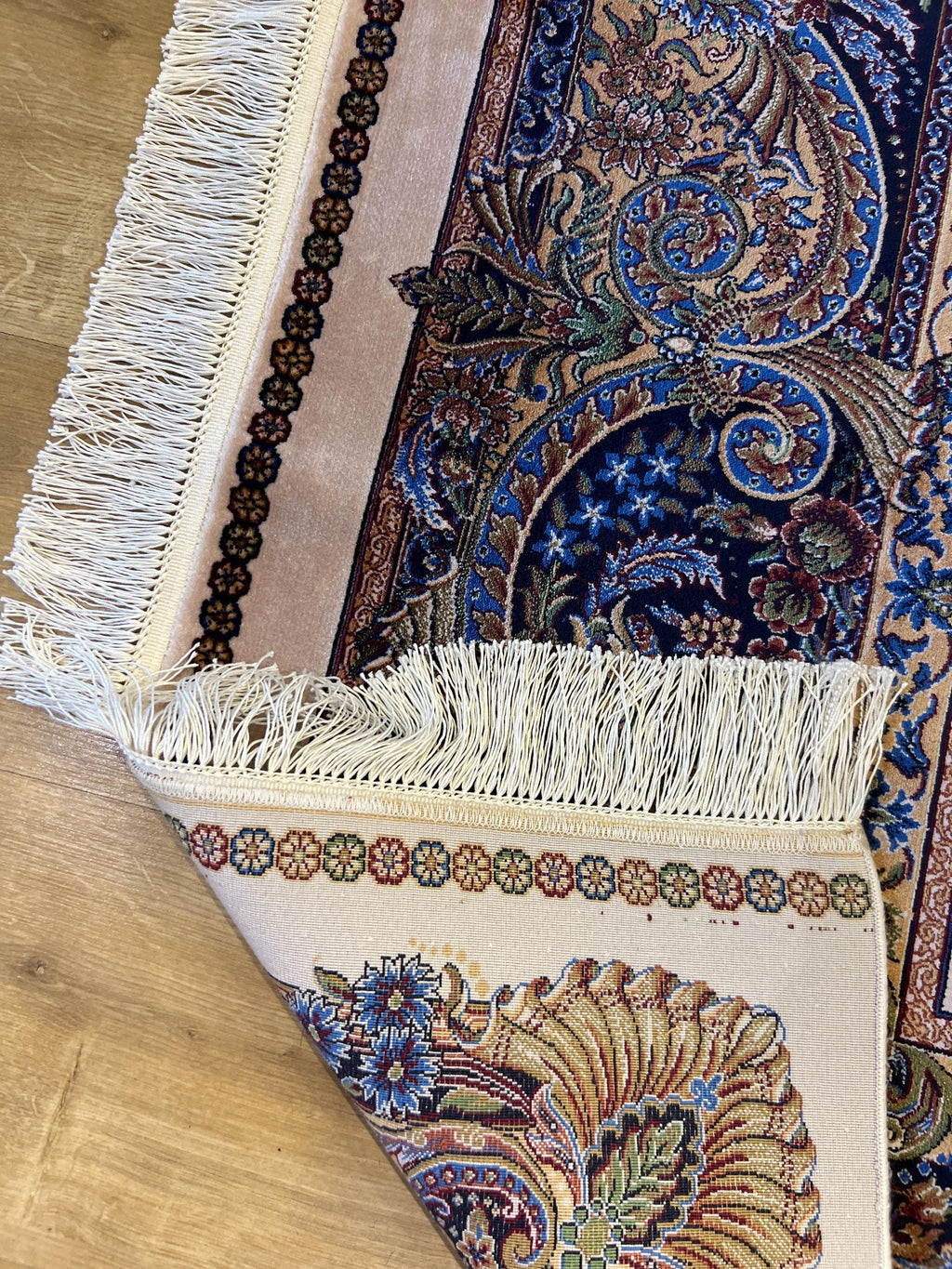 7x10 ft Ivory Silk Rug, Navy Border Classic Turkish Style, Oversize Rug