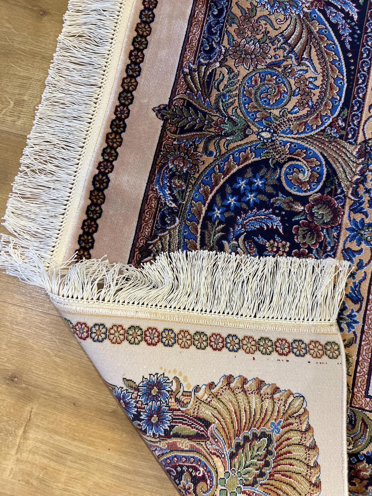 7x10 ft Ivory Silk Rug, Navy Border Classic Turkish Style, Oversize Rug