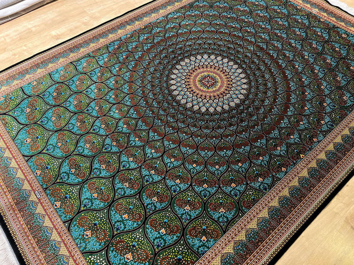 5x8 ft Green Silk Rug, Medallion Peacock Tail Design Rug, Luxury Carpet
