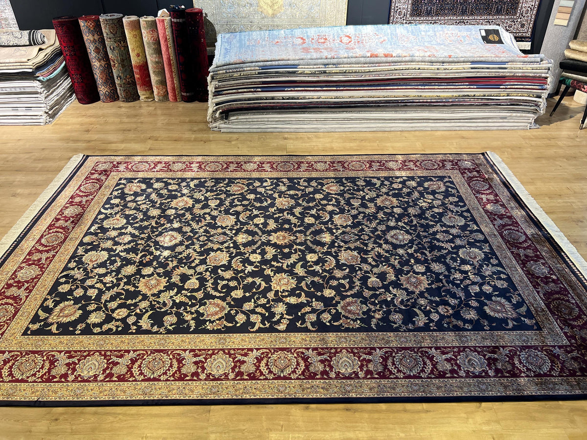 Dark Blue Silk Palace Rug, Turkish Oushak Style, 8x11 ft
