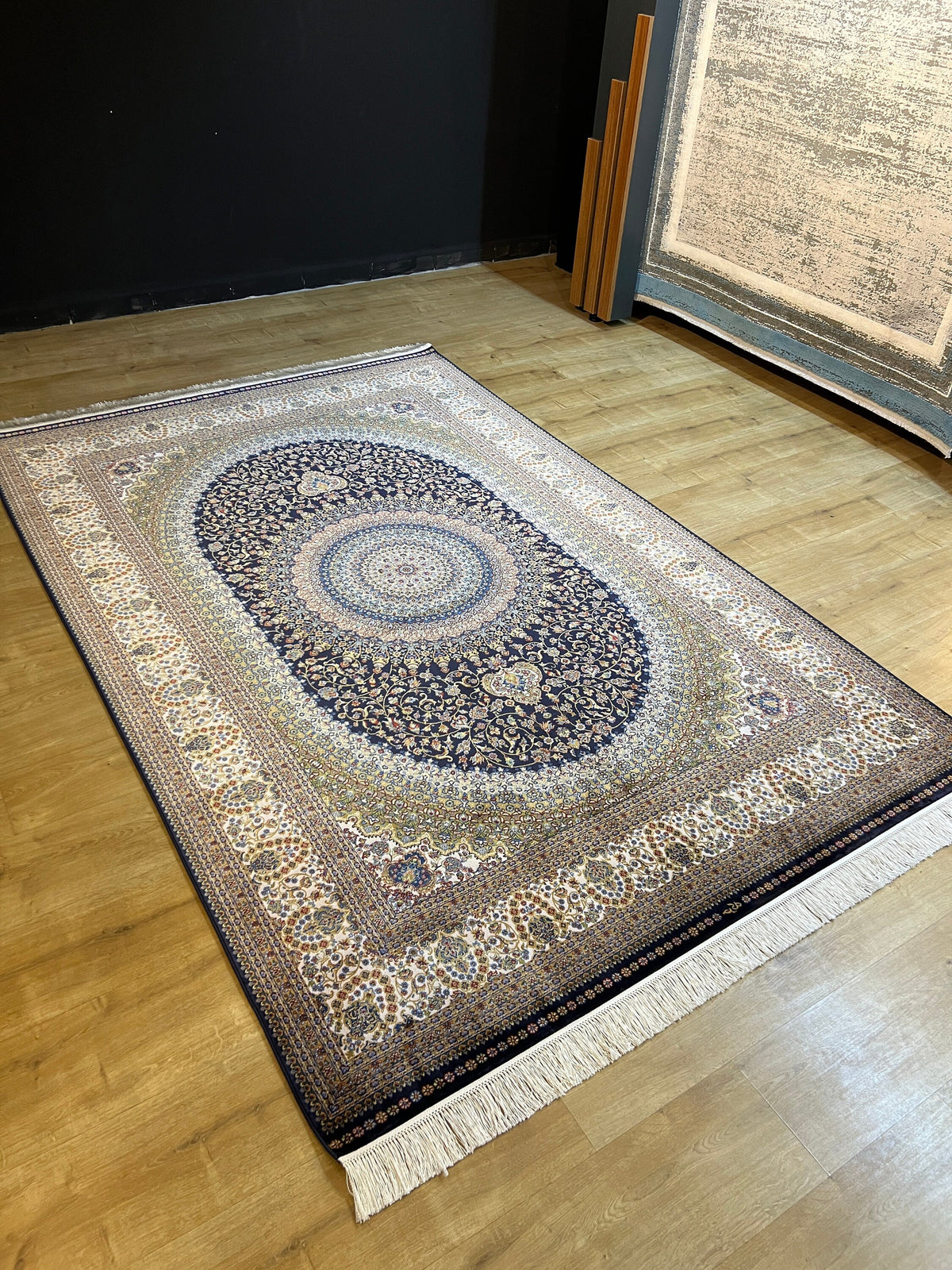 5x8 Ft Dark Navy Blue Medallion Silk Bamboo Area Rug, Classic Turkish Silk Carpet