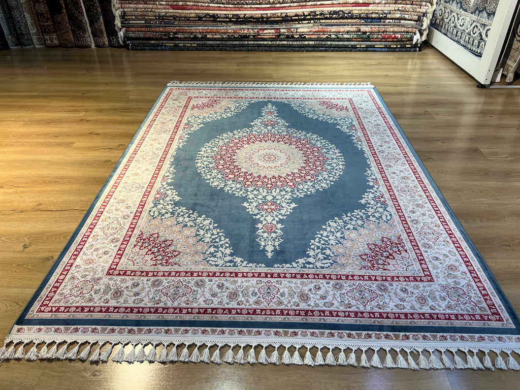 5x8 ft Blue Red Bamboo Silk Rug, Classic Medallion Rug